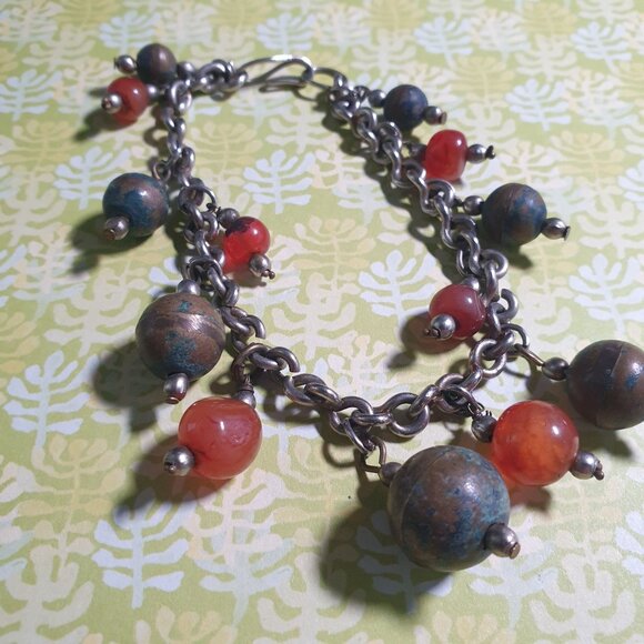 Vintage Bronze Tone Chain Bracelet Beads Hook Closure 8 In Long Orange Green - Picture 2 of 5